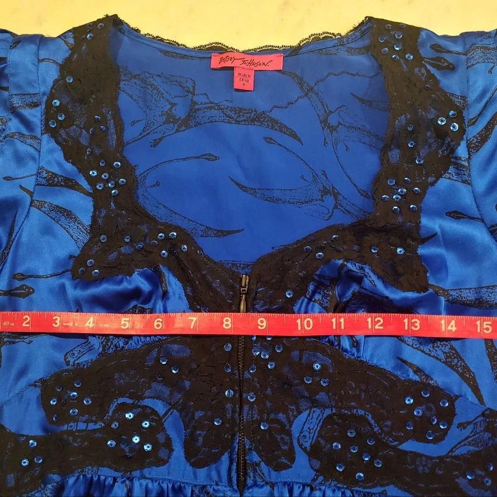 Betsey Johnson Blue and Black Lace-Trim Fit & Flare Pterodactyl Dress - Picture 8 of 9